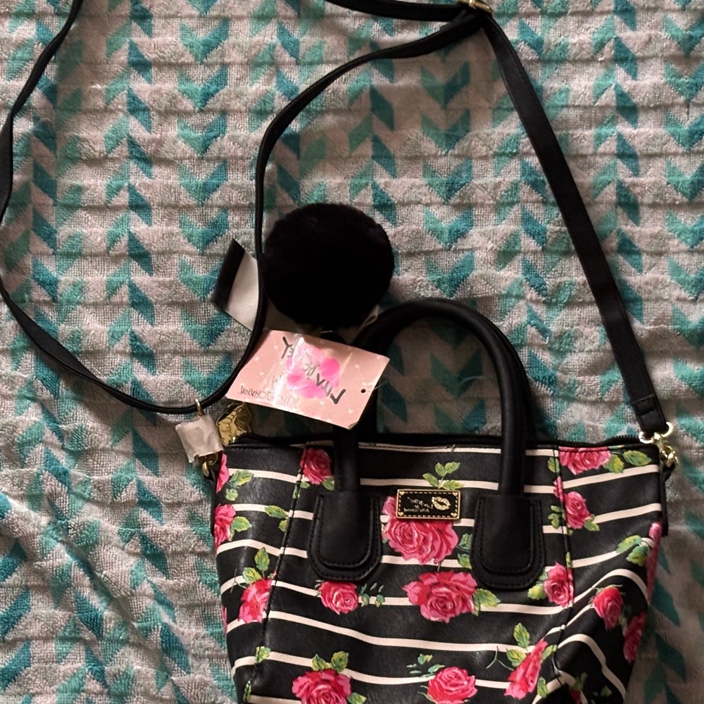 Betsey Johnson Black and Pink Floral Crossbody Bag